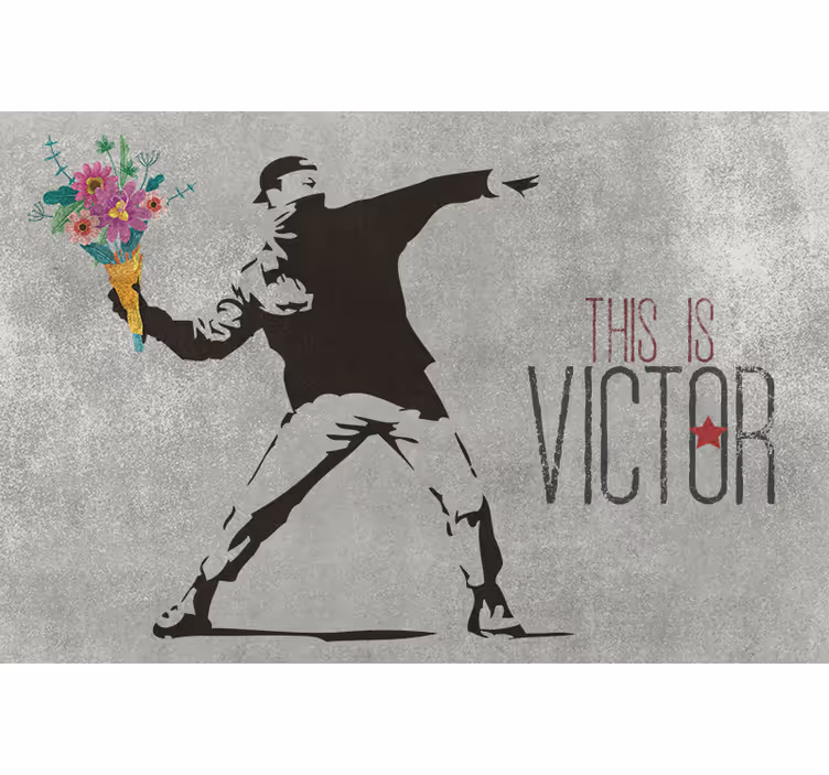Gri stor perde - kişiselleştirilmiş bansky çiçek buketi - TenStickers