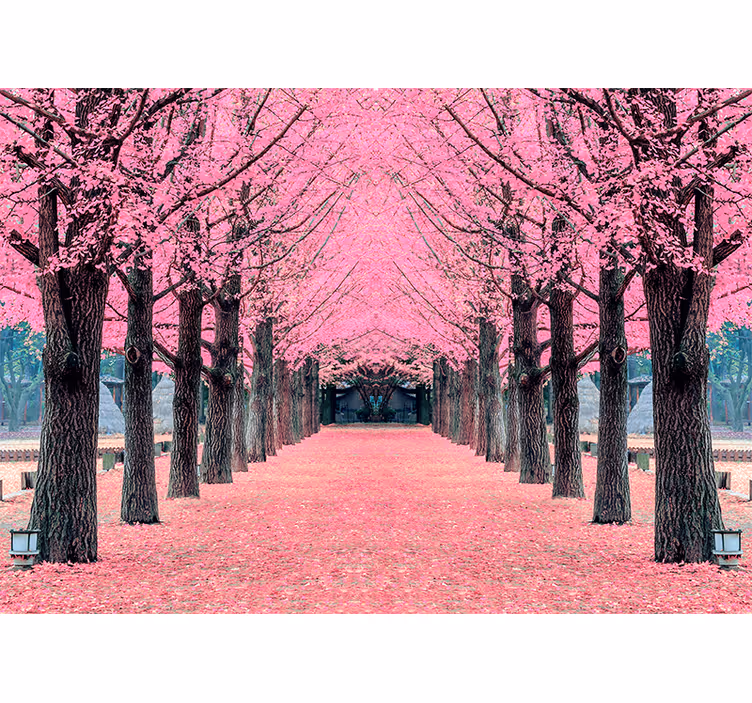 Oturma odası stor perde pembe ağaçlar nami adası - TenStickers