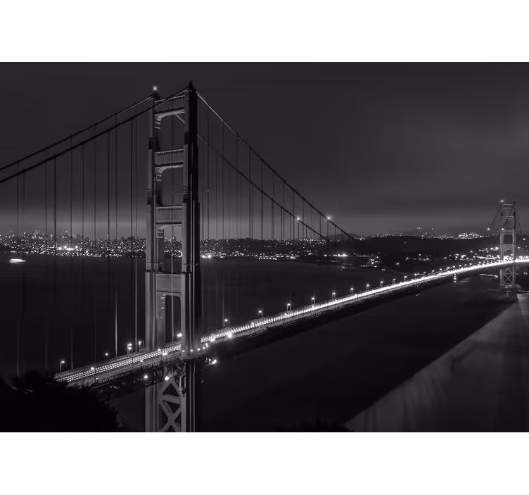 Oturma odası stor perde siyah beyaz golden gate gece - TenStickers