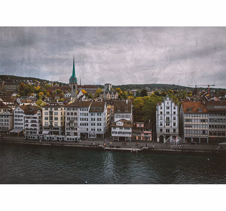 Oturma odası stor perde - zürich gölü'ndeki evler - TenStickers