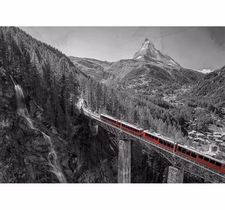 Oturma odası stor perde matterhorn köprüsünde kırmızı tren - TenStickers