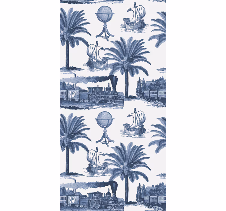 Vintage stor perde - palmiye ağaçları ve mavi trenler - TenStickers