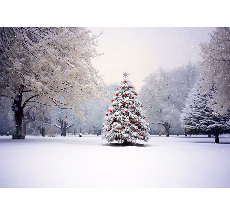 Beyaz stor perde karlı noel çamı - TenStickers