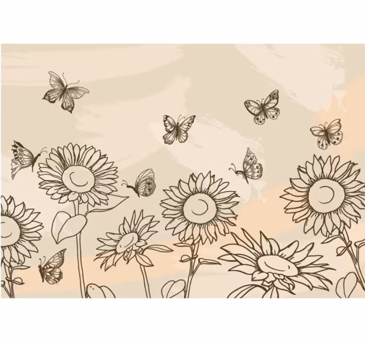 Bej stor perde ayçiçekleri ve kelebekler deseni - TenStickers