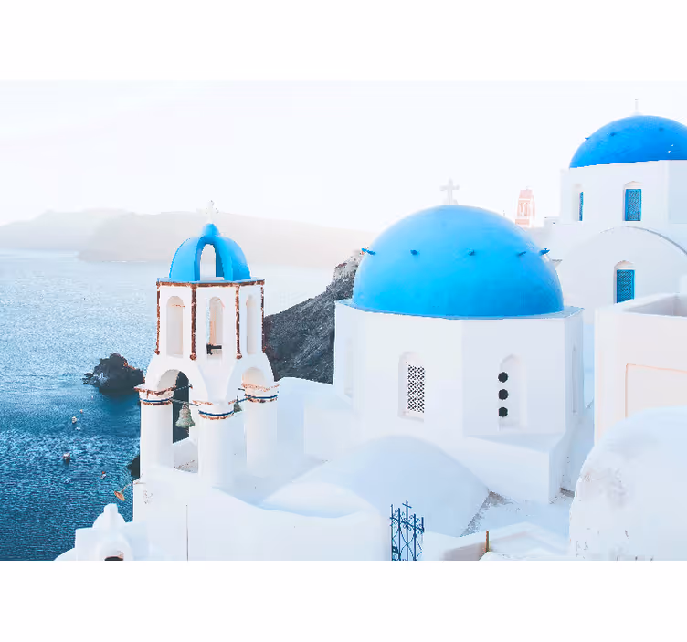 Yatak odası stor perde santorini beyaz mavi evler deniz - TenStickers