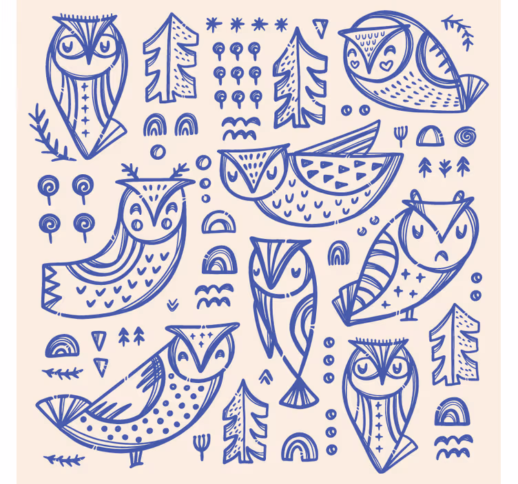 Yatak odası stor perde sevimli mavi baykuş yüzü ilustrasyonu - TenStickers