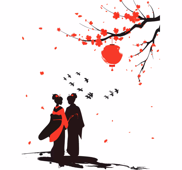 Yatak odası stor perde japon geishaları - TenStickers