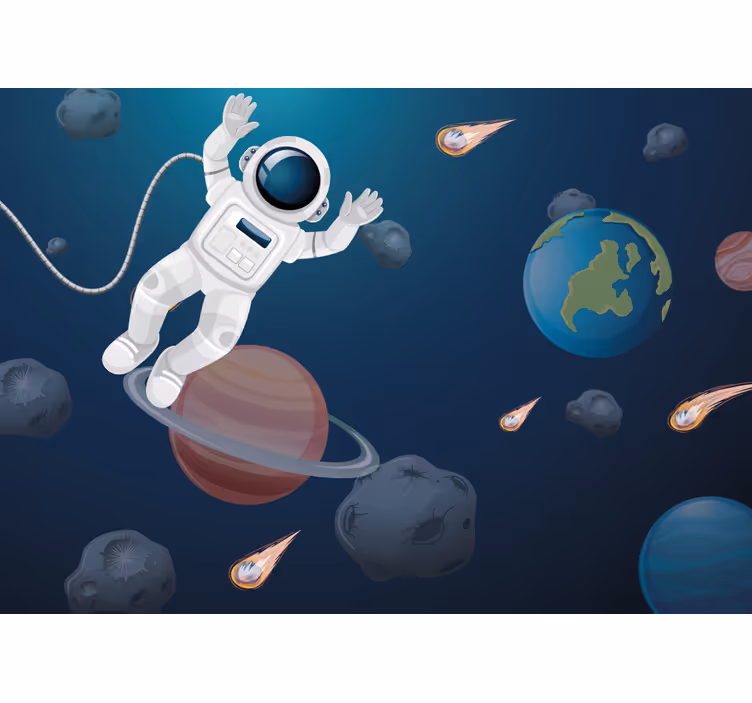 Çocuk odası stor perde uzayda yüzen astronot - TenStickers