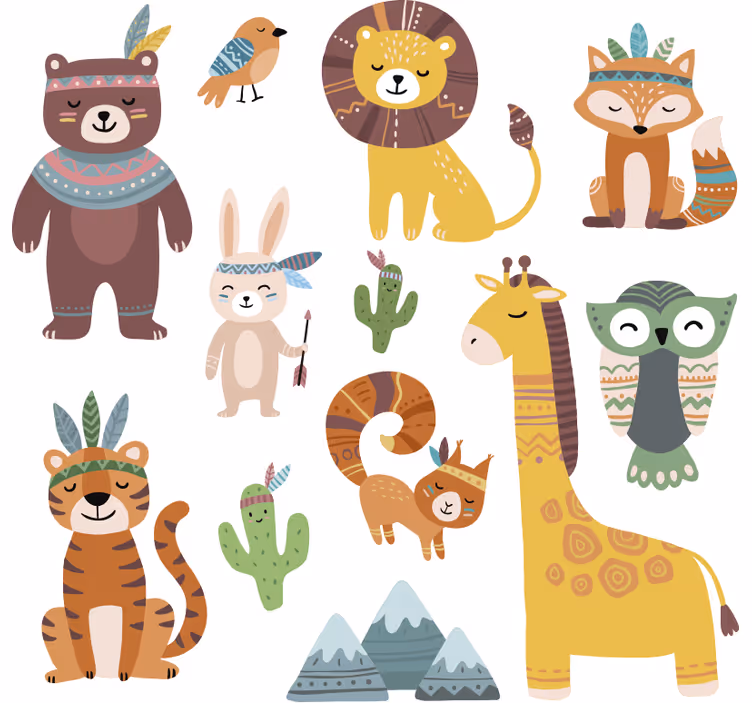 Çocuk odası stor perde komik kabile hayvanları - TenStickers