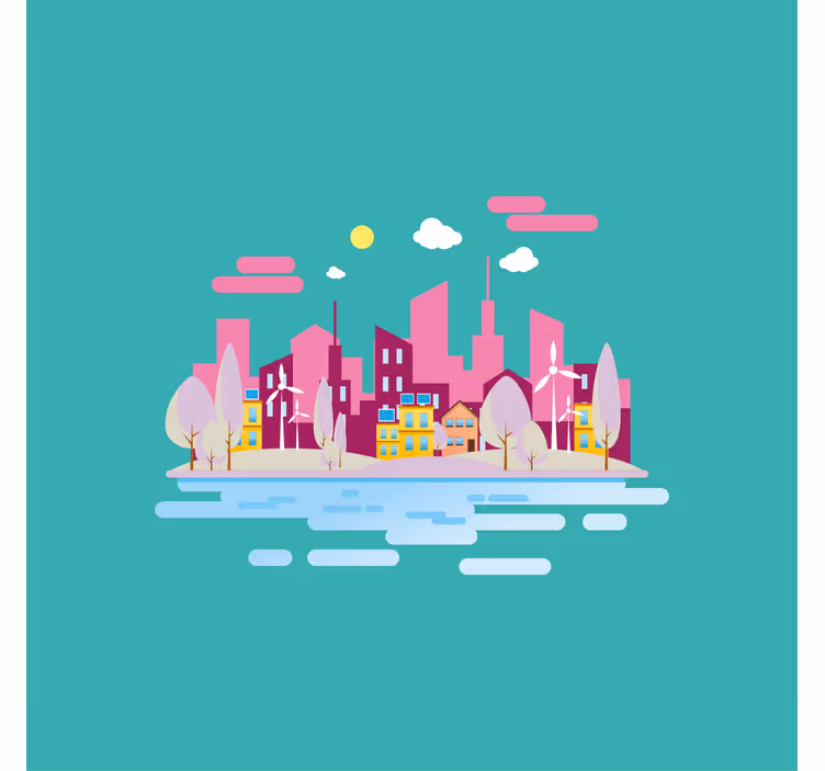 Çocuk odası stor perde denizle pembe şehir - TenStickers