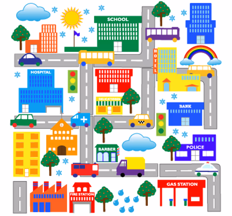 Çocuk odası stor perde büyük şehir çocuk teması - TenStickers