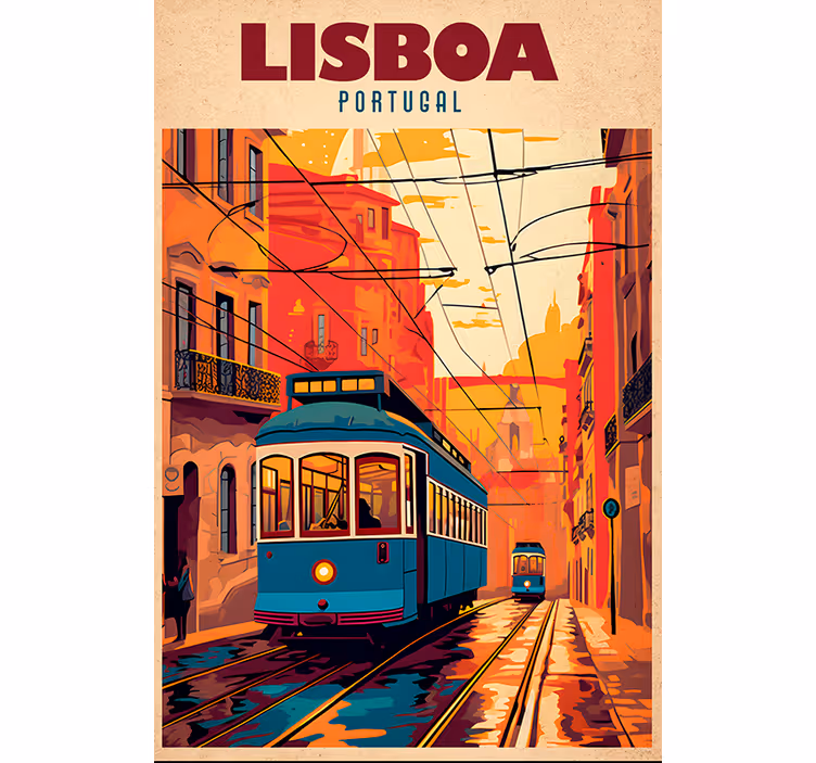 Vintage stor perde lizbon tramvayı illüstrasyonu - TenStickers