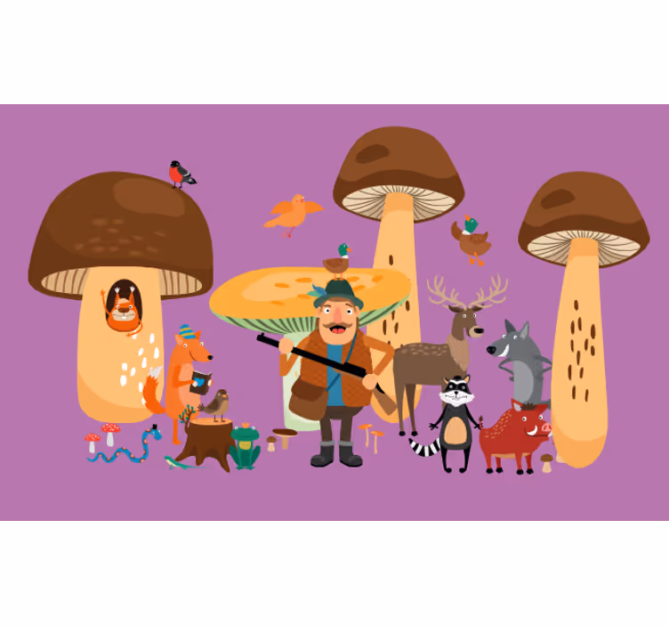 Eğlenceli stor perde mantar ormanındaki kuşlar - TenStickers