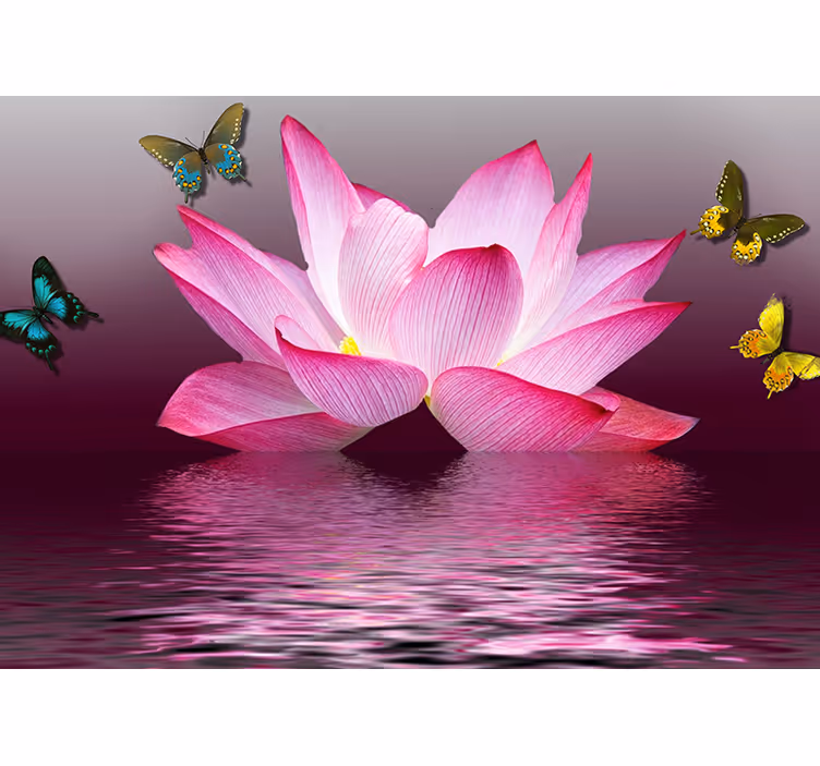 Zen stor perde - pembe lotus çiçeği ve kelebekler - TenStickers