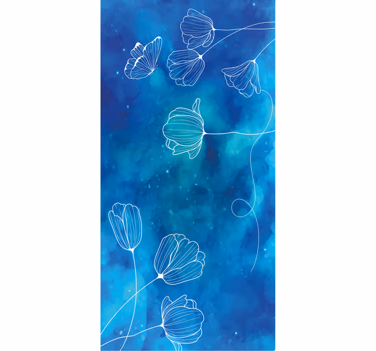 Zarif mavi silüetler çiçek desenli stor perde - TenStickers