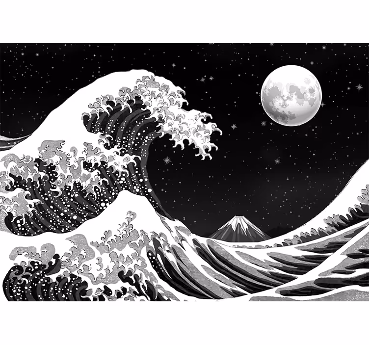 Siyah duvar reslim gece kanagawa dalgası - TenStickers