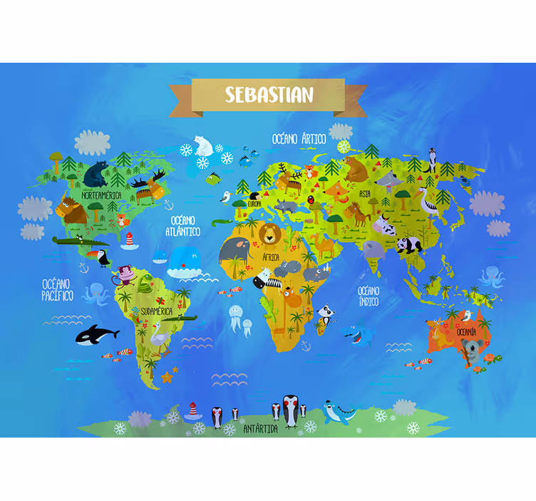 Hayvanlarla dünya haritası duvar resmi - TenStickers