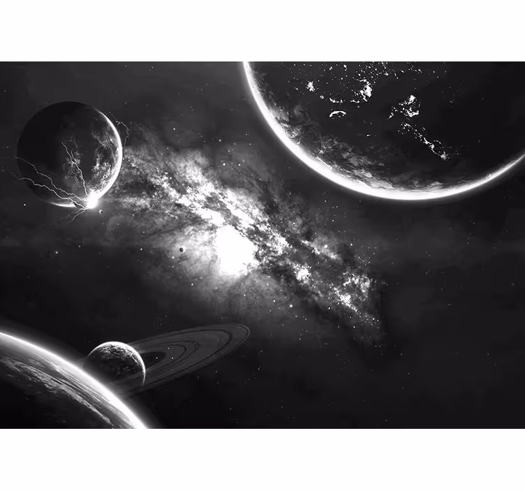 Gri uzayda galaksiler ve gezegenler duvar kağıdı - TenStickers