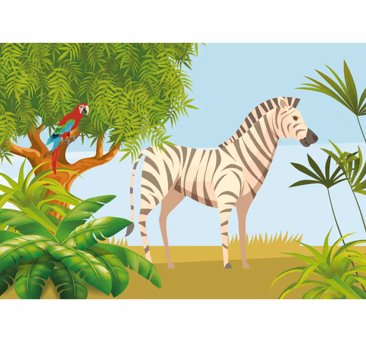 Hayvan duvar resmi zebra ve papağan manzarası - TenStickers