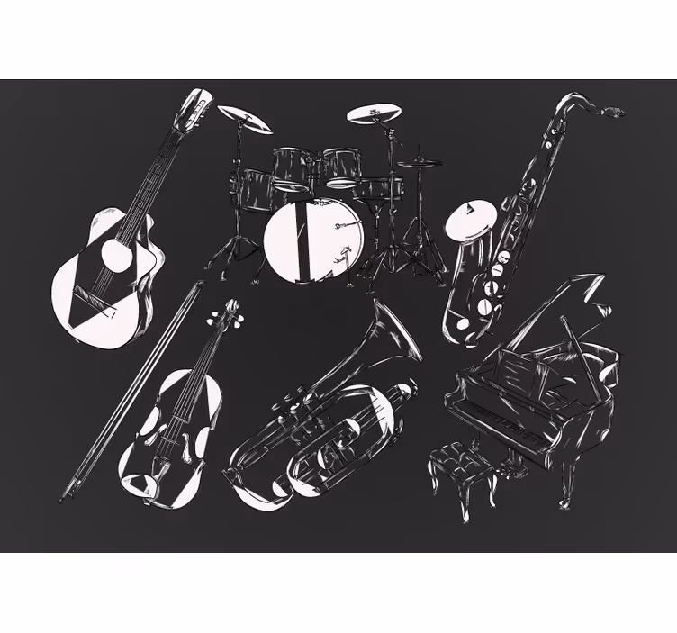 Siyah beyaz enstrümanlar müzik duvar resmi - TenStickers