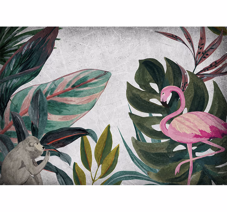 Maymunlar ve flamingo ile duvar kağıdı - TenStickers