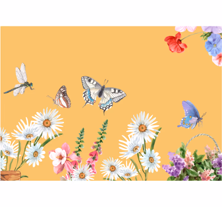 Papatya çiçeği ve kelebekler duvar kağıdı - TenStickers