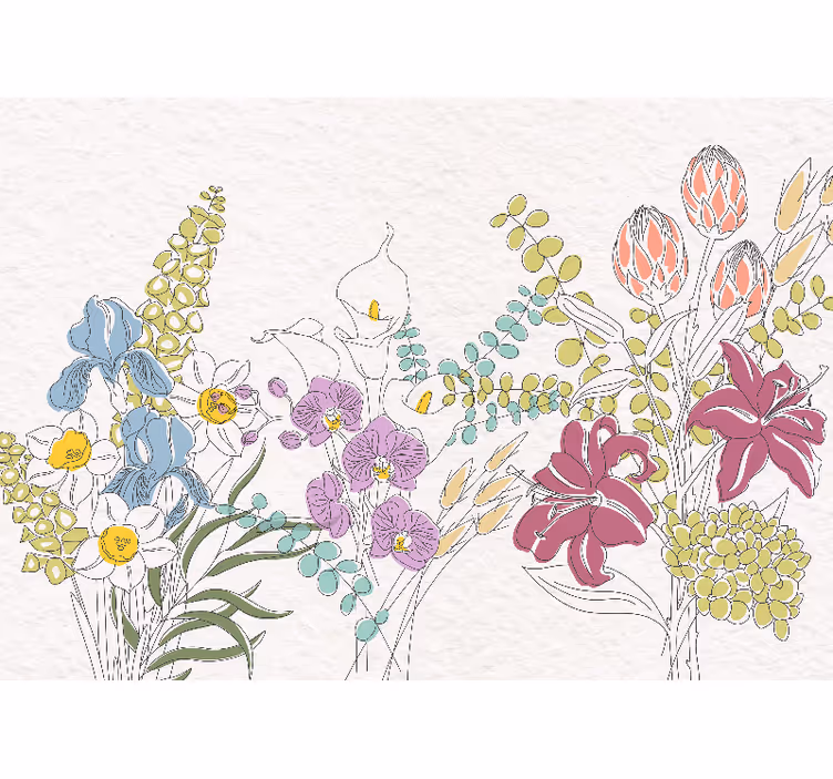 Fleurs dessinées panoramik duvar kağıdı - TenStickers