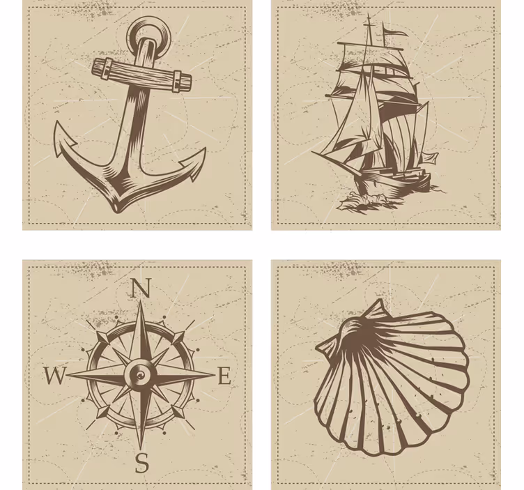 Vintage bardak altlığı deniz sembolleri seti - TenStickers
