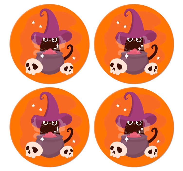 Kedi cadı şapka illüstrasyon halloween coaster - TenStickers