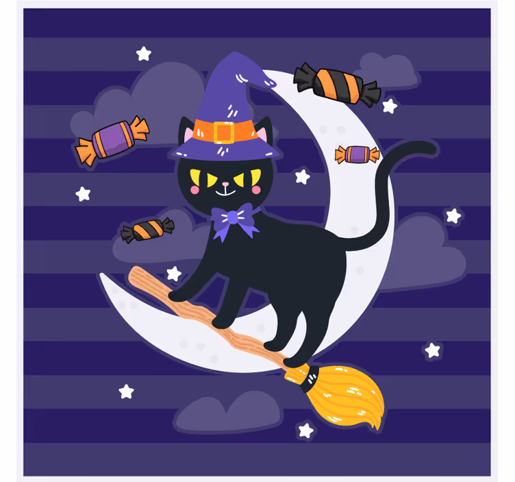 Cadılar bayramı bardak altlığı cadı kedi süpürgede - TenStickers