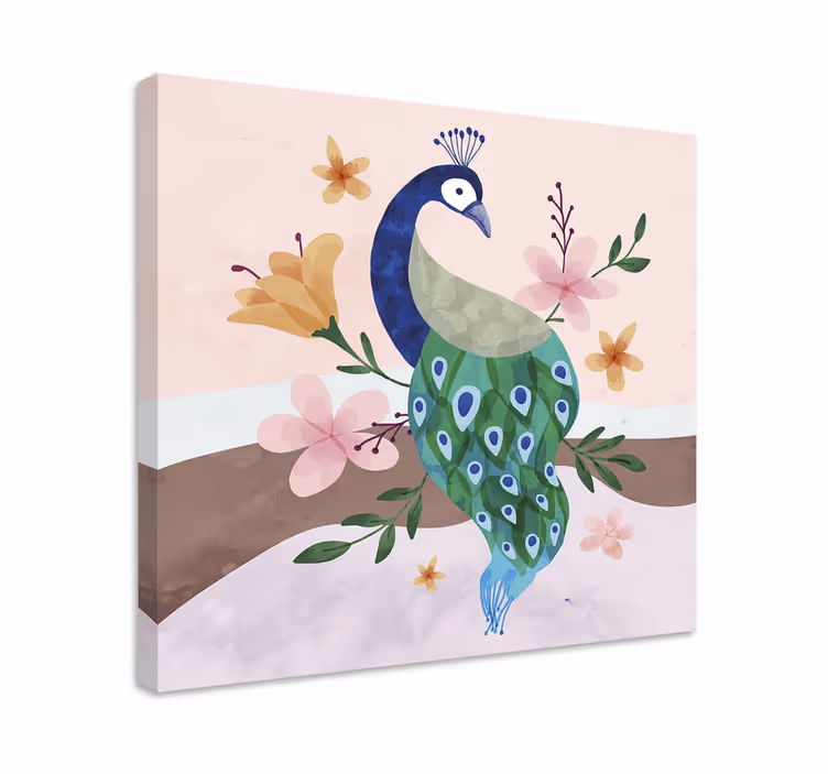 çiçekler ile tavus kuşu tüy tuval duvar sanatı - TenStickers