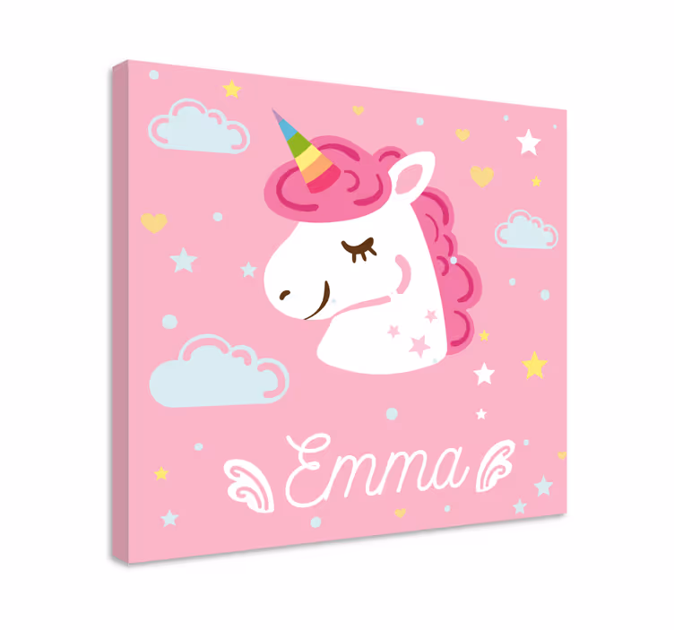 Adı unicorn duvar baskısı ile pembe tek boynuzlu atlar - TenStickers