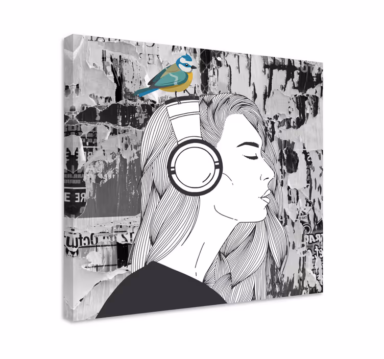 Kadın, ile, kulaklıklar, ve, kuş, tuval, baskılar - TenStickers