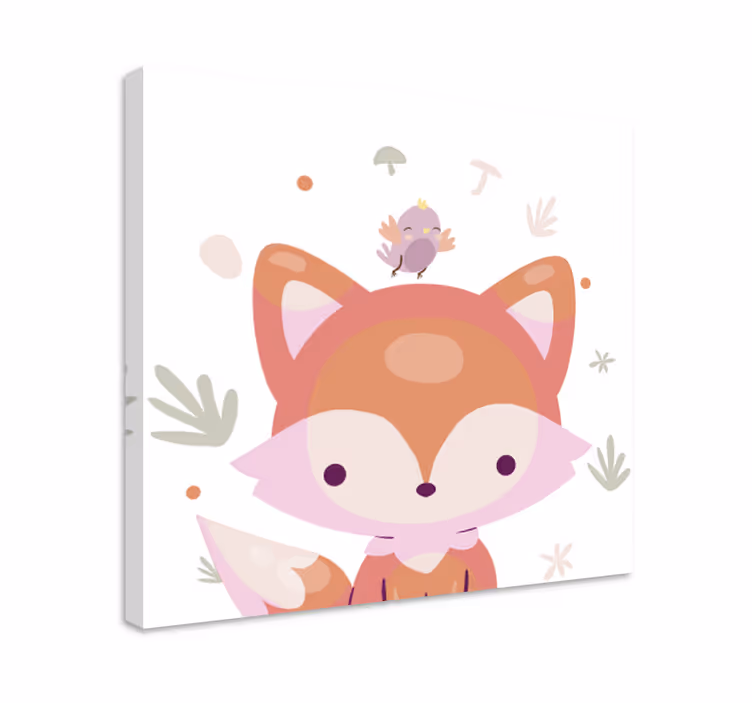 Sevimli bebek tilki çizgi film pembe kuş kreş tuval - TenStickers