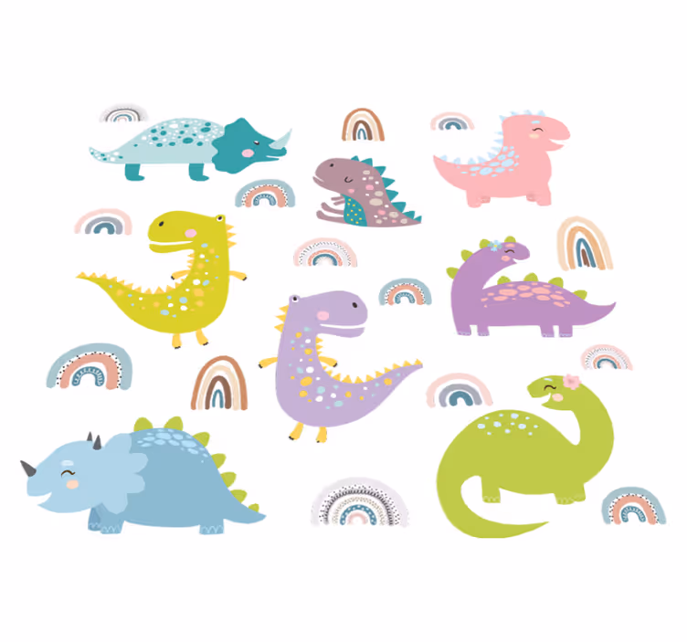 Yatak odası pvc halı nordic dinozorlar ve gökkuşakları seti - TenStickers