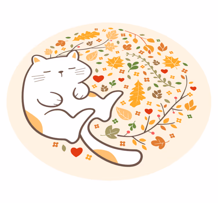 Uyuyan kedi ve sonbahar yaprakları vinil halı - TenStickers