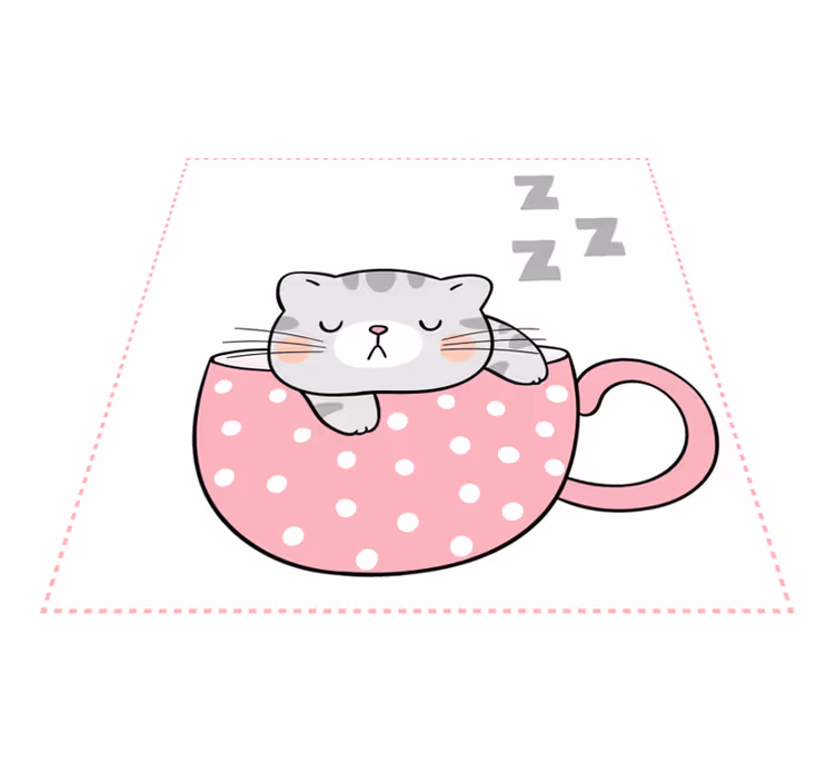 Fincan kahve karikatür halı üzerinde uyuyan sevimli kedi - TenStickers
