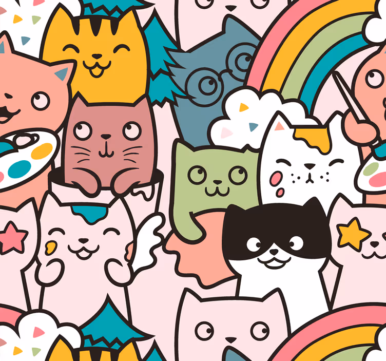 Yatak odası duvar kağıdı pastel renkli kedi çizimleri - TenStickers