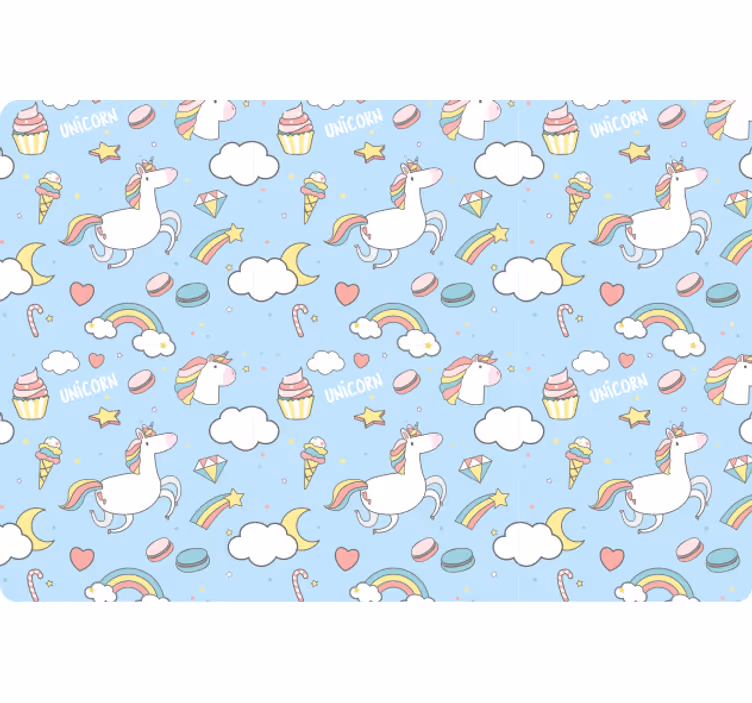 Mavi duvar kağıdı sevimli unicornlar ve gökkuşakları - TenStickers