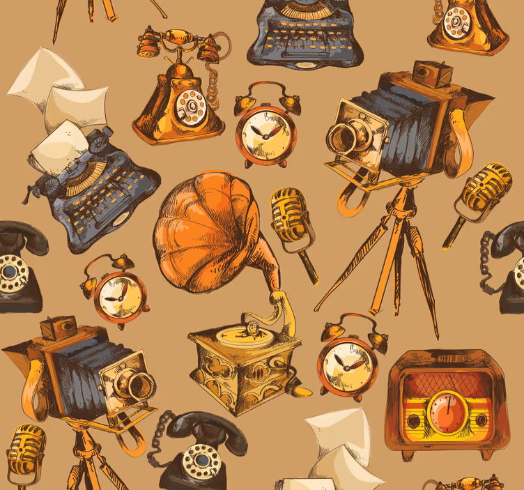Vintage nesne kolajı nostaljik duvar kağıdı - TenStickers