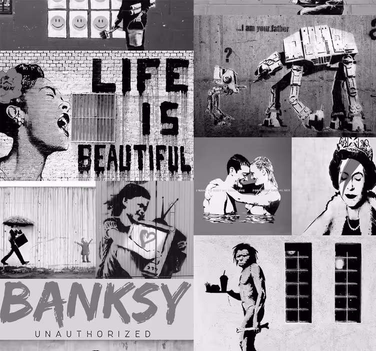 Sanat duvar kağıdı banksy - gri kolaj - TenStickers