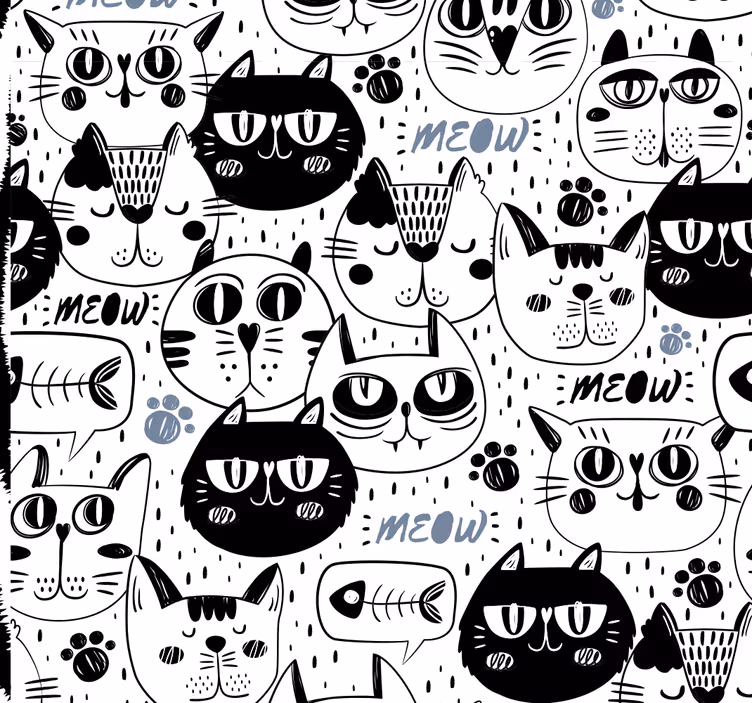 Siyah beyaz kedi yüzleri çocuk duvar kağıdı - TenStickers