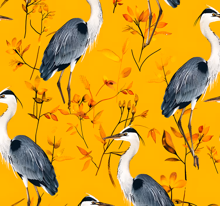 Balıkçıllar desen sarı duvar kağıdı - TenStickers