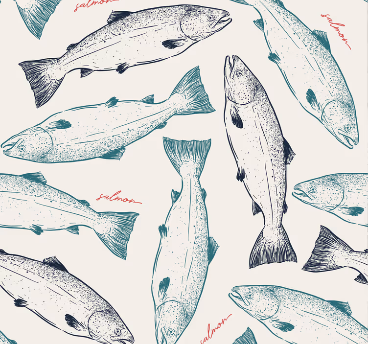 Handdrawn somon balığı desen hayvan duvar kağıdı - TenStickers