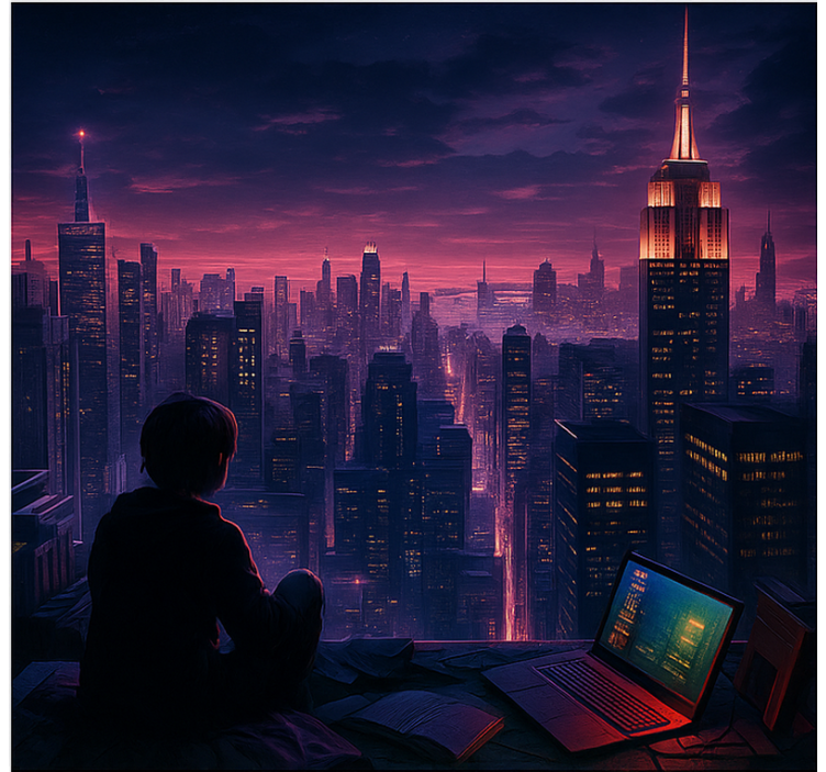 Fütüristik gökdelen oyuncu görünümü geek desenli stor perde - TenStickers