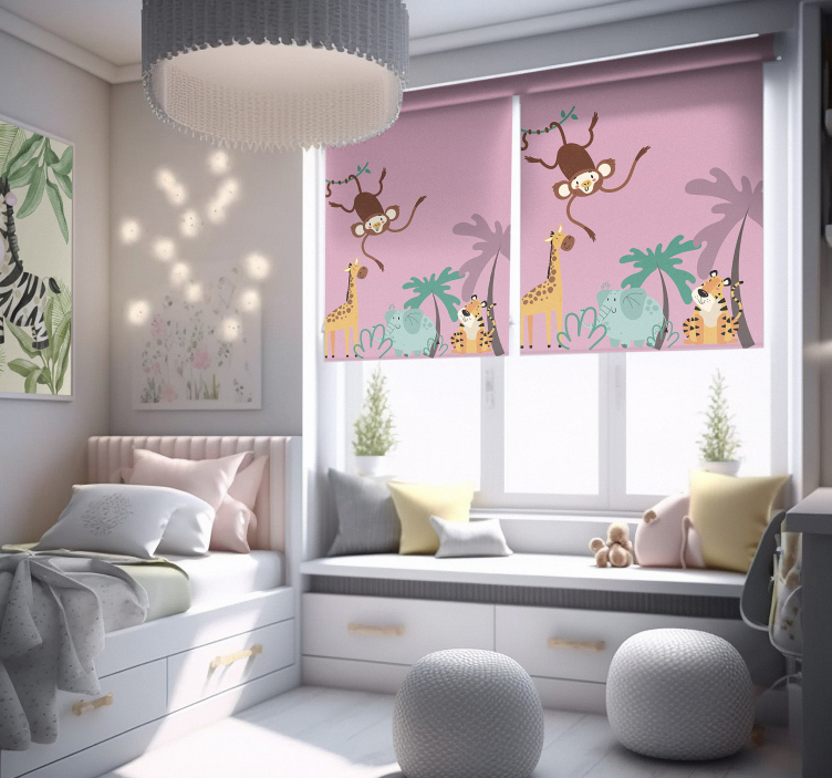 "boho" çocuklar ormanda çeşitli hayvan Stor perdeler - TenStickers