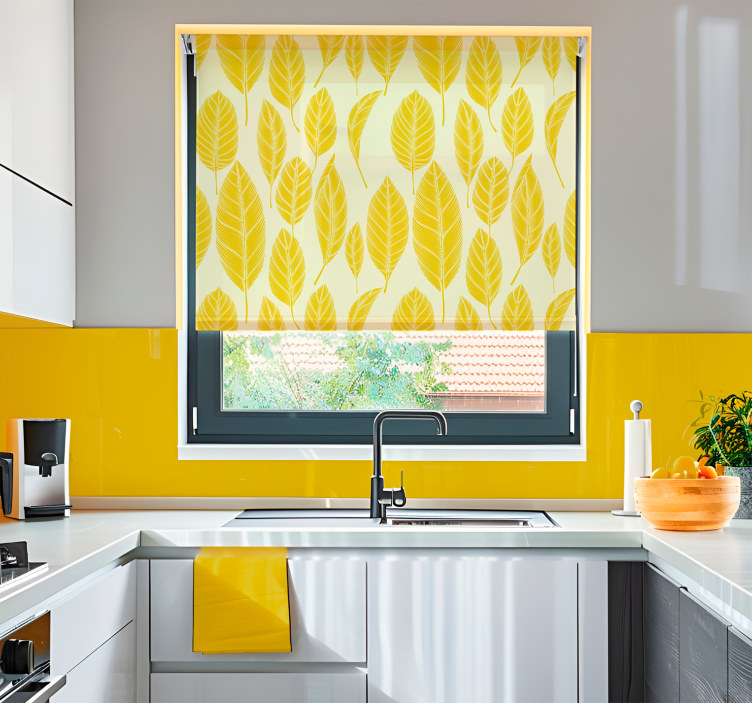 Büyük yaprak deseni sarı stor perde - TenStickers
