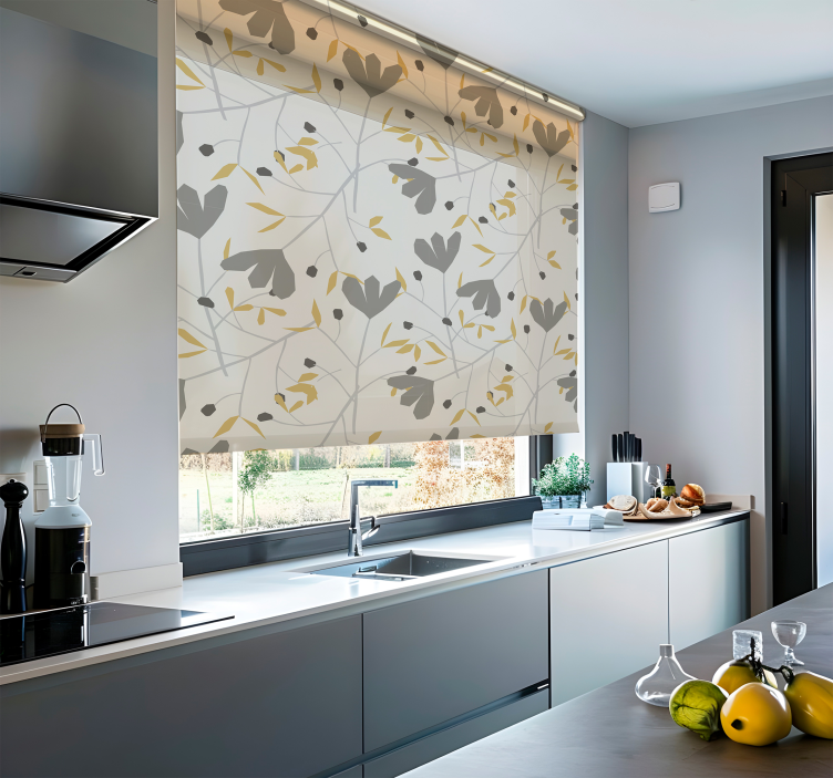 Gri ve sarı çiçekler iskandinav stor perde - TenStickers