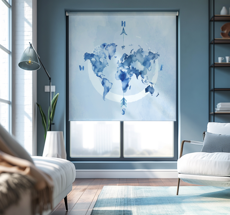 Sulu boya mavi planisfer dünya haritası stor perde - TenStickers