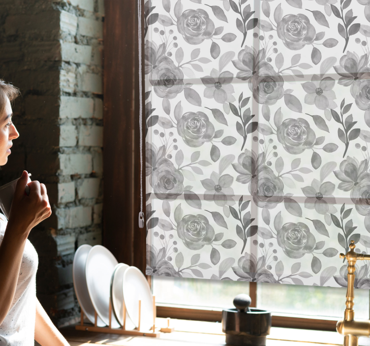 Zarif gri çiçekler çiçek desenli stor perde - TenStickers